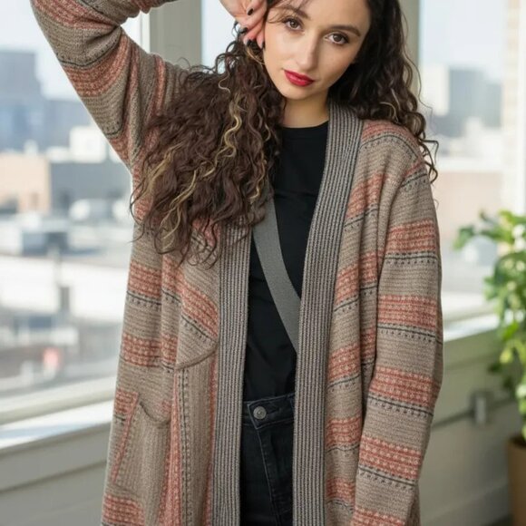 Sparrow Multicolor Long Length Cardigan Boho Beige Striped FALL Comfy Casual - Picture 3 of 7